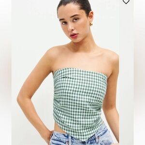NWT Reformation Dillon Linen Top Tube Top Strapless Green White Gingham Palms